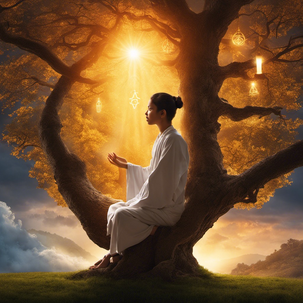 Ger meditating under a tree, surrounded by glowing ethereal light, with symbols of various religions floating around them, and a sunrise breaking through dark clouds in the background