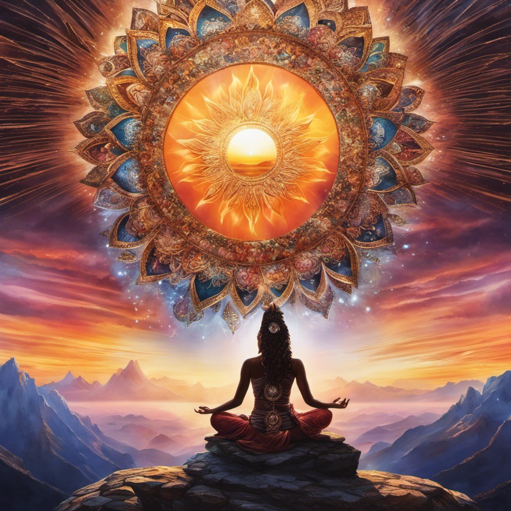 Ze a person in lotus pose atop a mountain peak, rays of sunrise piercing through a translucent third eye, with symbolic elements like feathers, crystals, and butterflies surrounding them