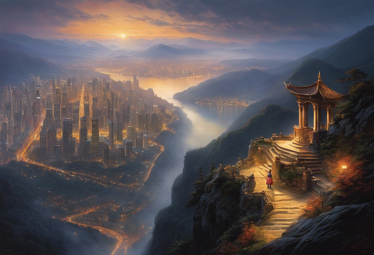 An image of a lone figure on a mountain peak, overlooking a complex, bustling cityscape below, surrounded by a soft aura of light while the city is in shadows