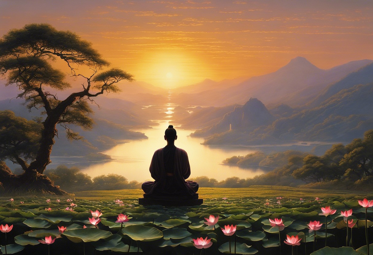 An image depicting a weary person meditating, surrounded by faint glowing light, with a wilting lotus nearby, set against a backdrop of a setting sun and a tranquil, serene landscape
