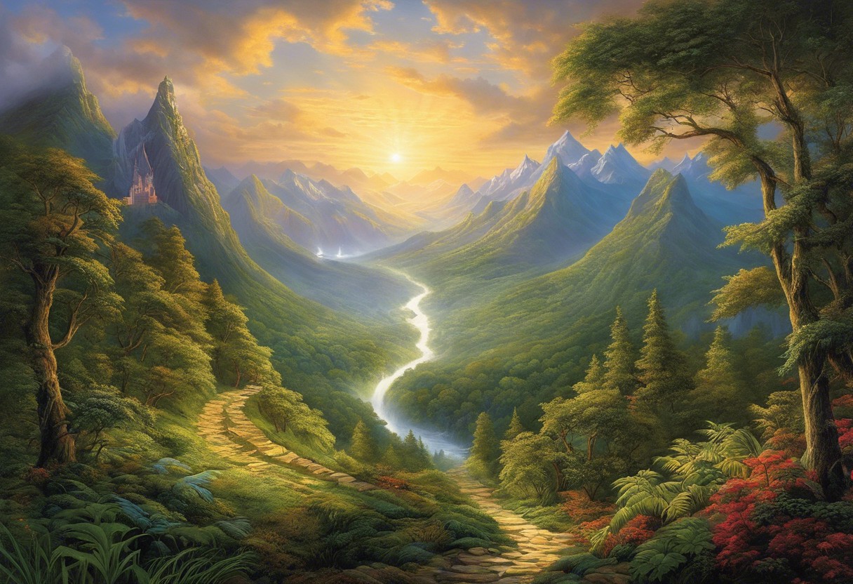 An image with two distinct paths, one winding through a lush forest symbolizing Spiritual Awakening, the other ascending a mountain with ethereal light at the peak for Ascension