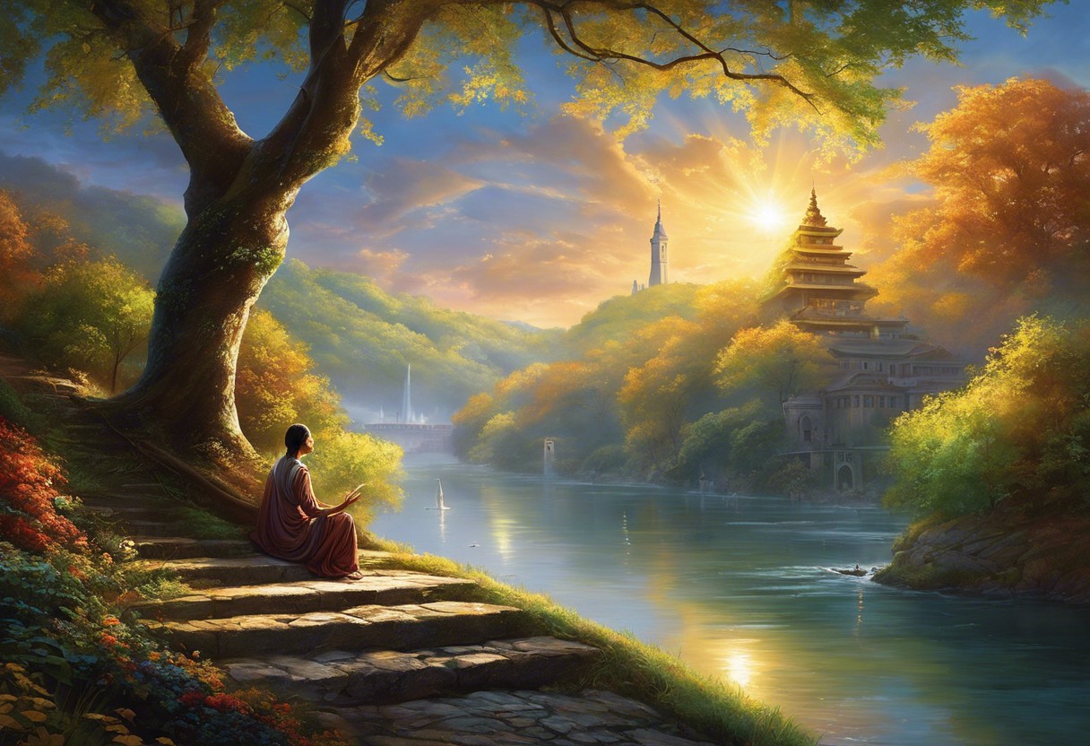 An image with a person meditating under a tree, radiating light, and another person climbing a luminous staircase towards the sky, both scenes divided by a tranquil river flowing through everyday city life