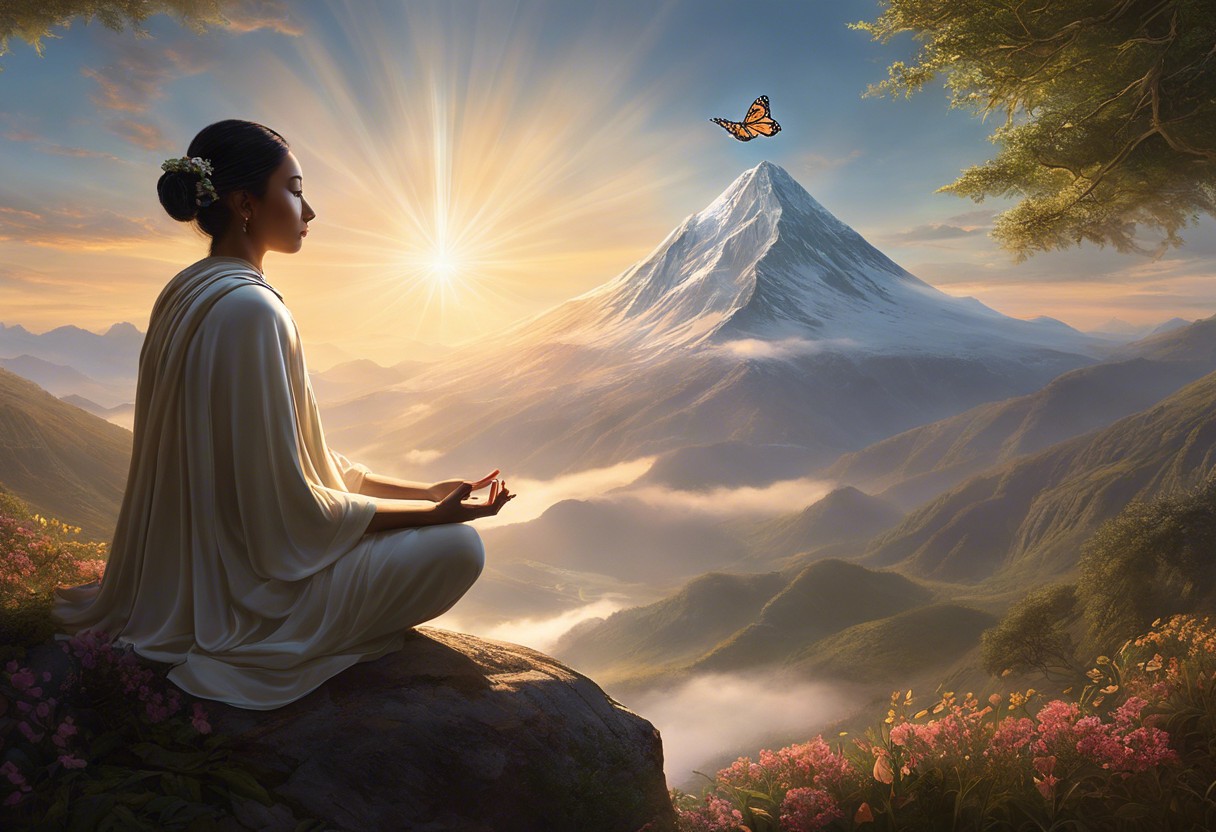 An image of a serene person meditating, with a luminous butterfly emerging overhead, and a mountain peak in the distance bathed in a soft, ethereal light