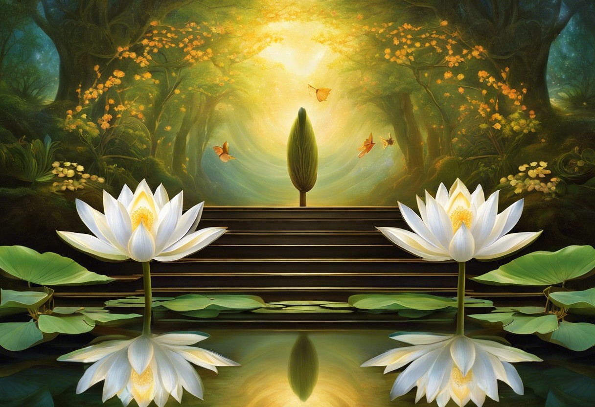 An image with two distinct paths, one with blooming lotuses symbolizing spiritual awakening, and the other with a figure ascending steps of light to represent ascension, both amidst a tranquil ethereal backdrop