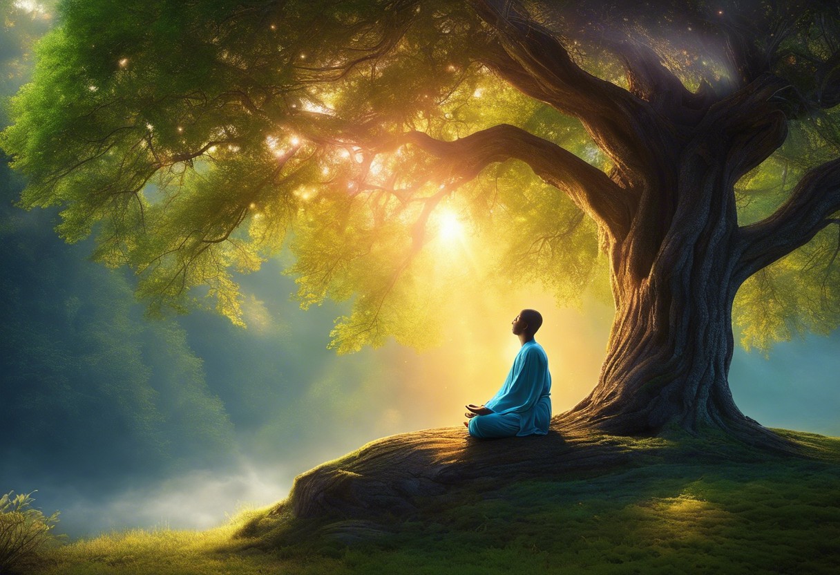 An image of a serene person meditating under a tree, with a glowing aura, surrounded by nature, symbolizing inner peace and the beginning of spiritual awakening