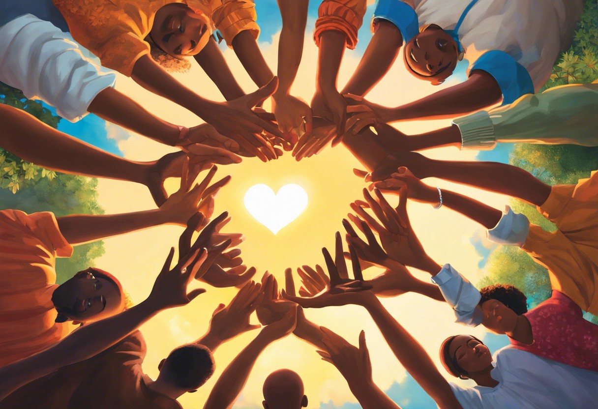 An image of diverse people in a circle, hands connected, with a glowing heart above them, surrounded by nature, embodying unity and compassion in a serene, light-filled setting