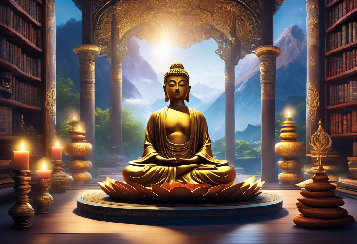 E a tranquil library nook, with diverse spiritual books, a meditating figure in lotus position, ethereal light beams, and scattered symbolic icons like lotus flowers and a small Buddha statue