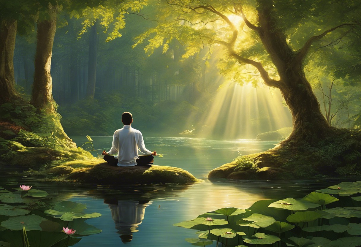 Ze a serene person meditating in a sunlit forest, with gentle rays piercing through trees, a tranquil pond nearby, and a faint silhouette of a lotus flower beneath them