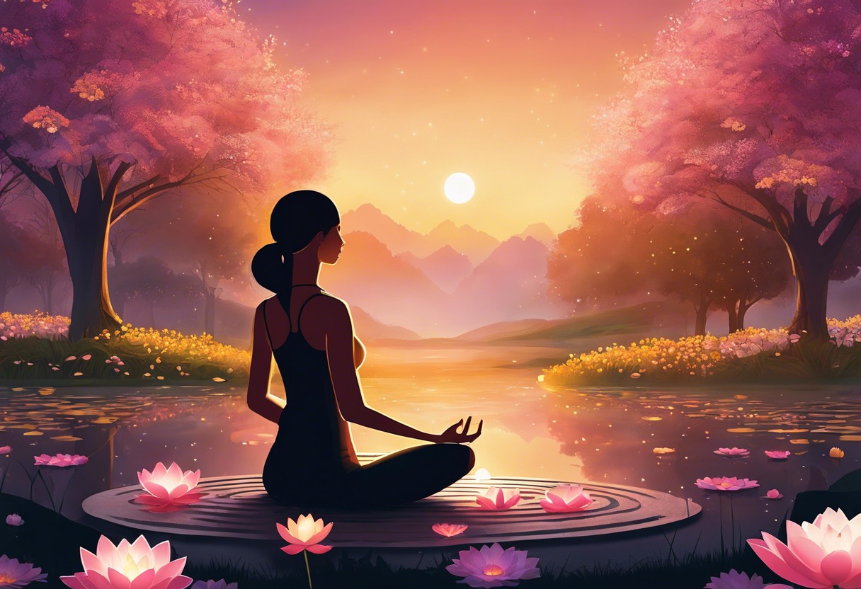 An illustration of a person meditating in a serene park, with a sunrise and blooming flowers, their hands open in receiving mode, surrounded by soft glowing lights and floating lotus petals