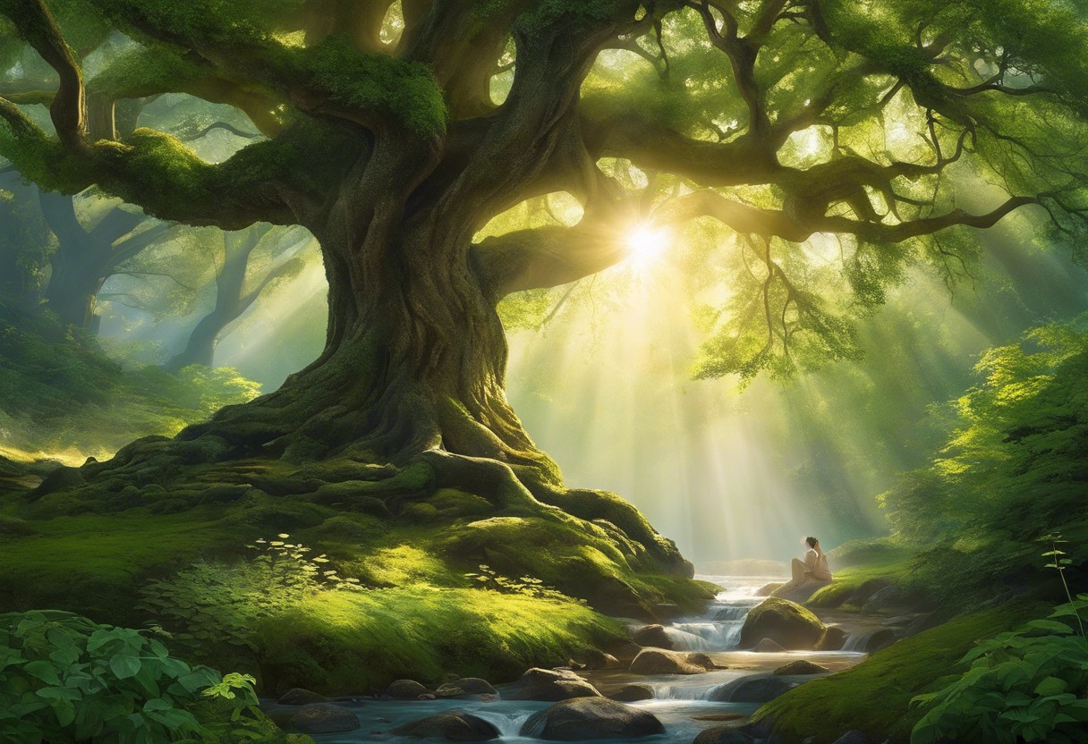 A serene, tranquil forest with a winding stream, diverse greenery, and a person meditating peacefully under a large, ancient tree, with sunlight filtering through the leaves, emphasizing a deep connection with nature