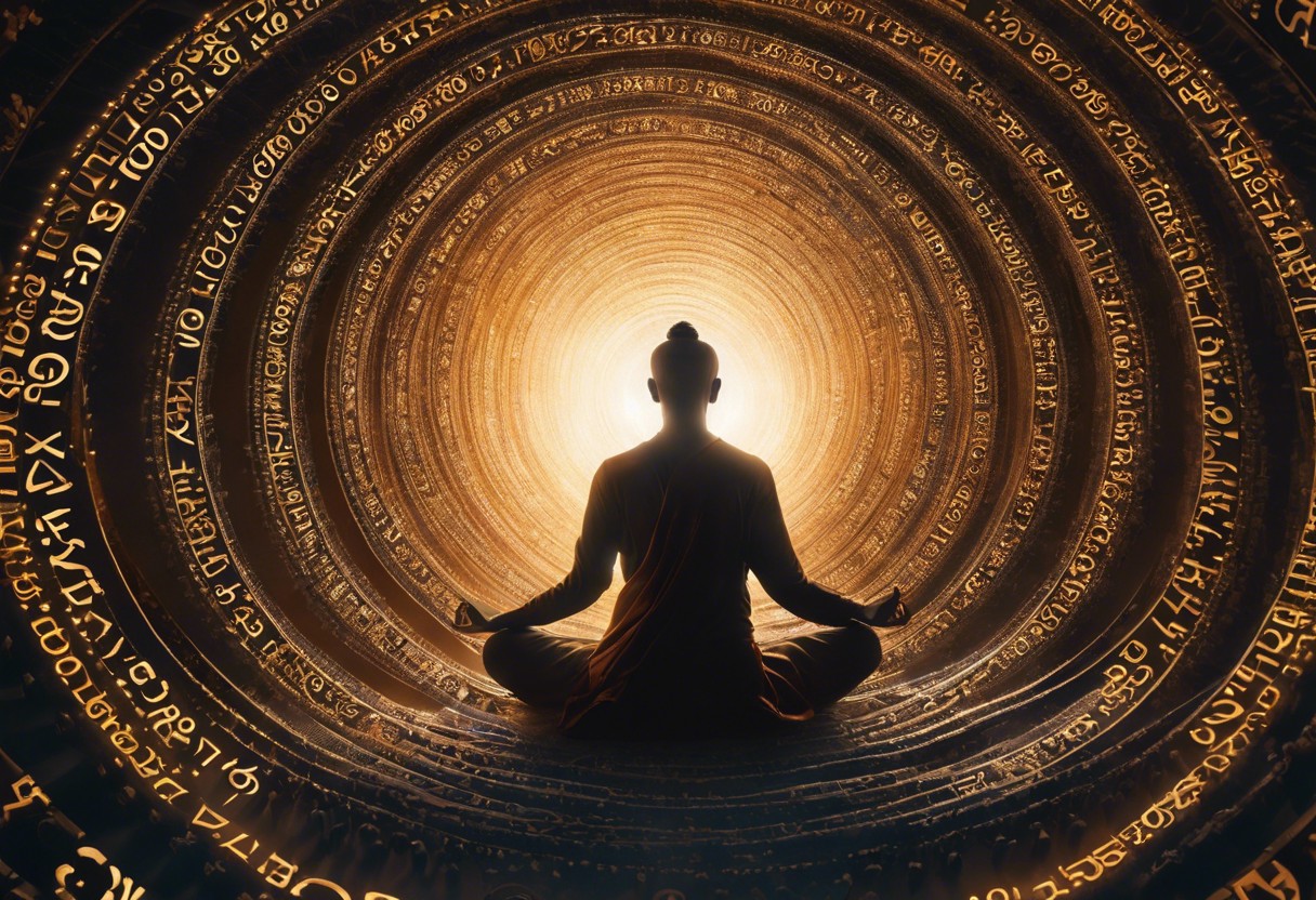 An image of a person meditating, surrounded by numbers ascending in a spiral, with a soft light highlighting the number that corresponds to their Personality Number in numerology
