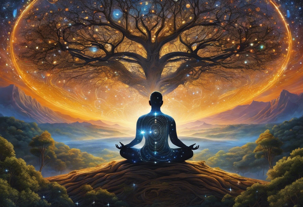 An image of a serene person meditating, surrounded by numerical symbols and a life path road splitting into branches representing different life stages, under a cosmic sky