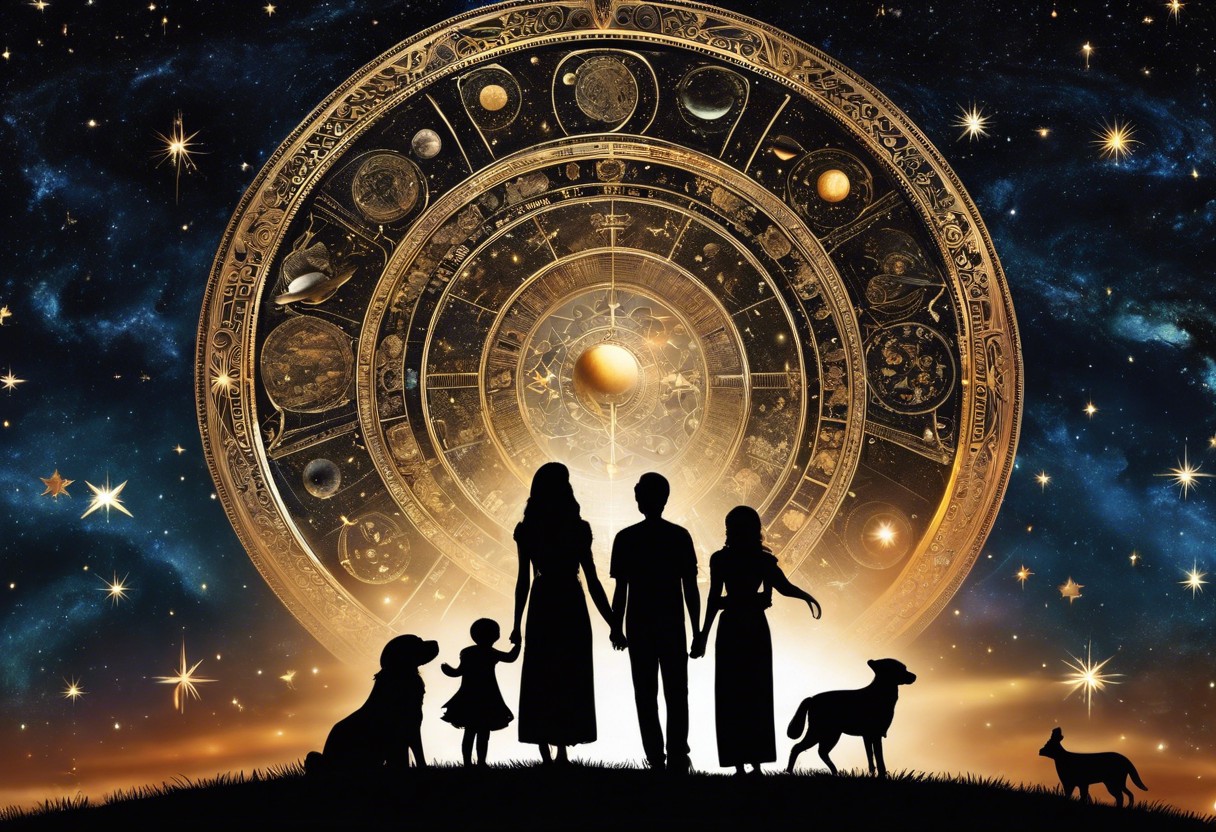 A mystical image of Jupiter surrounded by different astrological symbols representing fertility, with a silhouette of a family in the foreground, under a starry sky