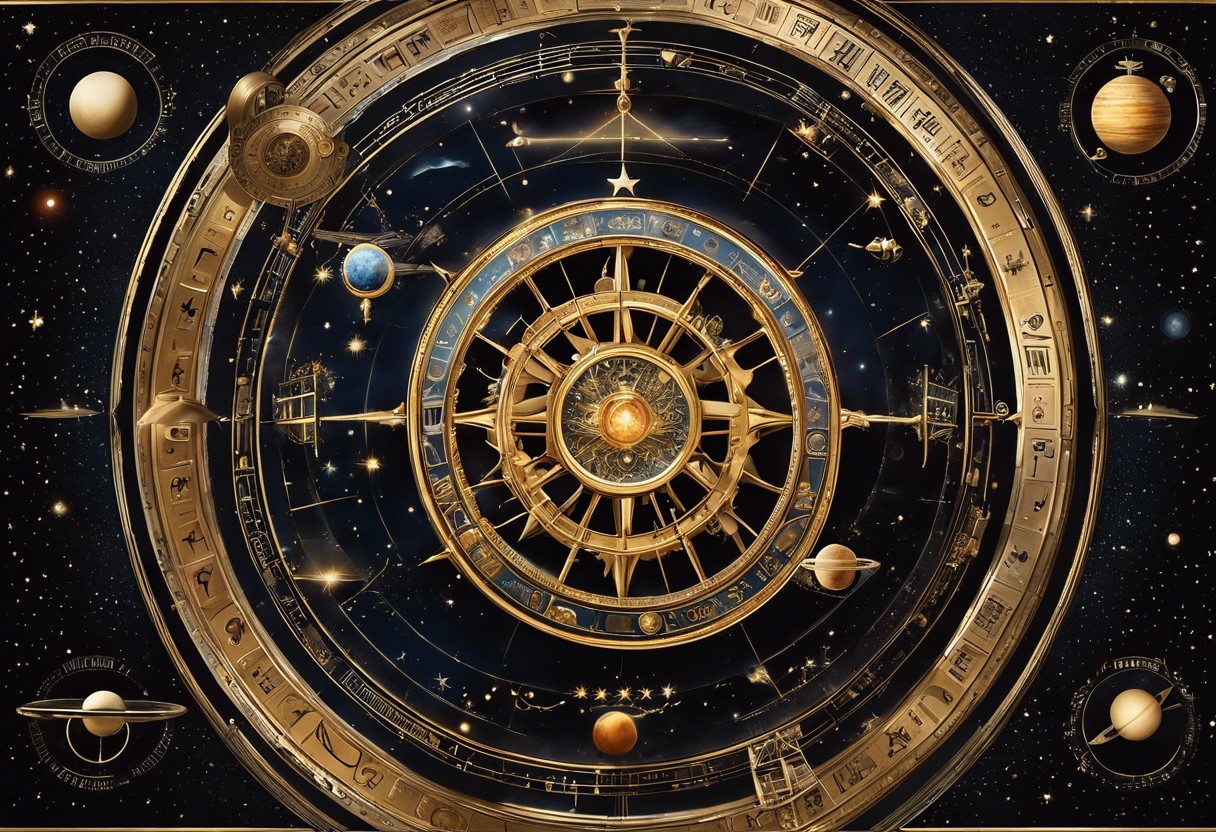 An image with a zodiac wheel, planetary symbols in orbit, a cradle within a house icon, and a telescope pointed towards a starry sky, symbolizing astrological prediction of childbirth during planetary transits