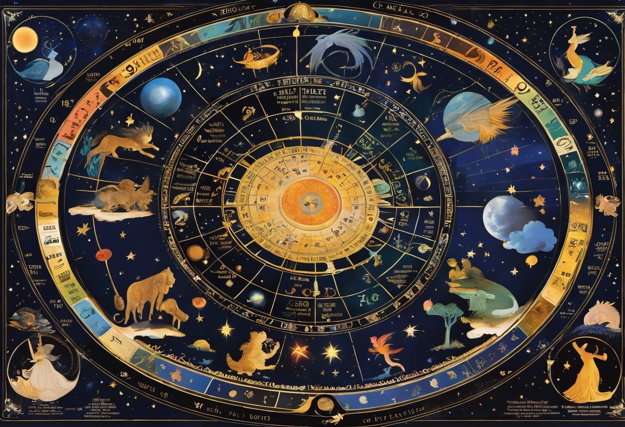 An image of a celestial-themed astrology chart with the fifth house highlighted, surrounded by playful imagery of children silhouettes and various zodiac signs
