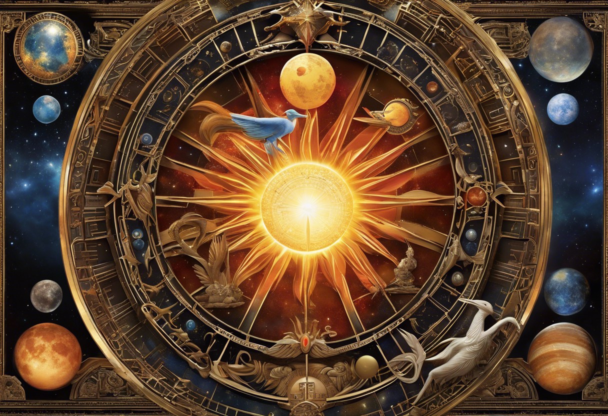 An image featuring a Zodiac wheel, personal planets (Sun, Moon, Mercury, Venus, Mars), a fertility goddess statue, and a celestial background with a stork silhouette