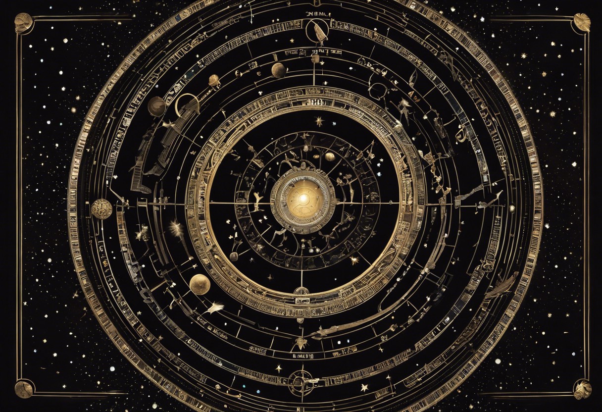 An image featuring a zodiac wheel, a symbolic Saturn, and three silhouettes of varying child-like sizes under its rings, all against a backdrop of constellations