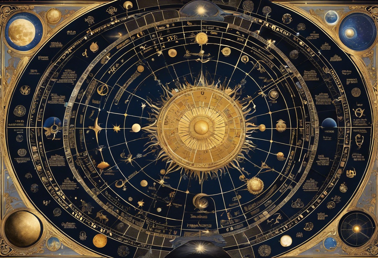 Ate an astrological chart with prominent Moon's Nodes symbols, a family silhouette, and zodiac signs associated with fertility, within a celestial background suggesting future prediction