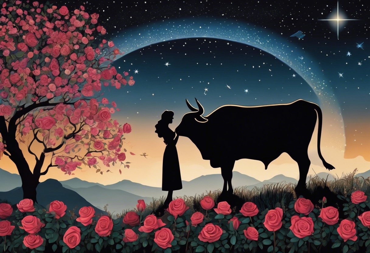 An image of a Taurus symbol, a man offering a woman a bouquet of roses under a starry night sky, with a gentle bull silhouette in the background