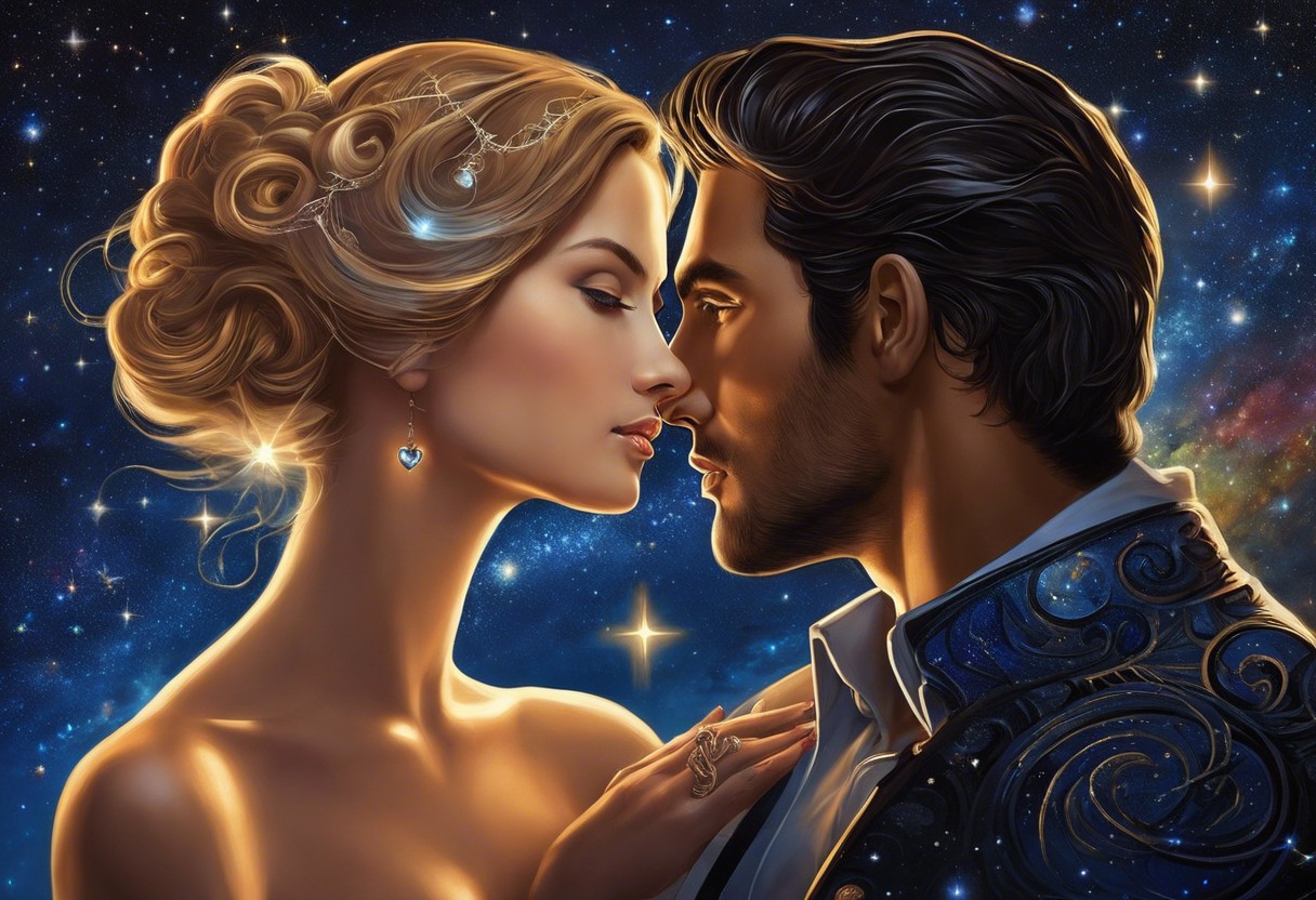 An image of a mysterious Scorpio man gazing intently at a woman against a backdrop of a starry night sky with Scorpio constellation highlighted, and a subtle heart-shaped aura surrounding them