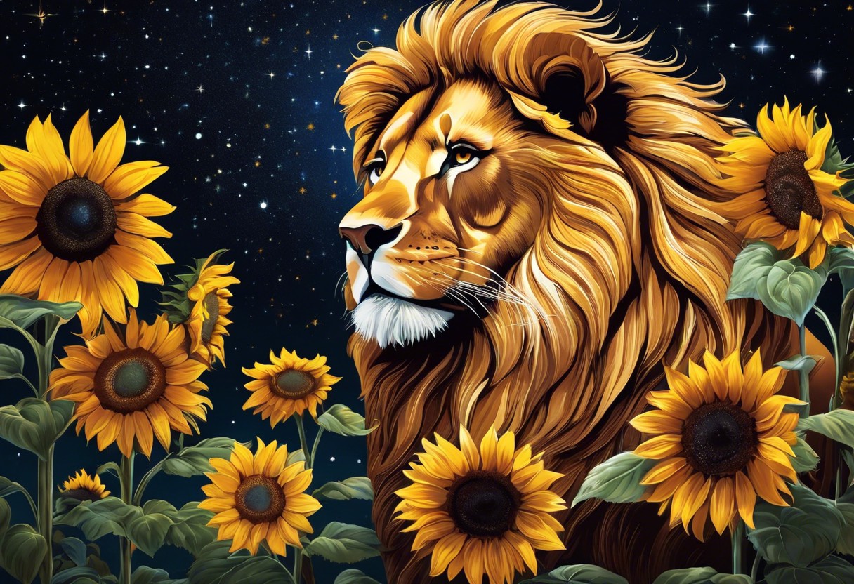 An image of a majestic lion offering a bouquet of sunflowers under a starry sky shaped like the Leo constellation to a silhouette of a person