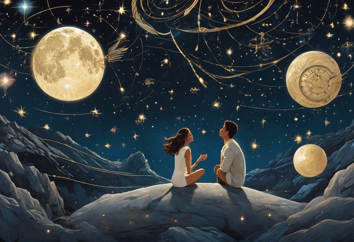 Ate two people under the stars, deeply engrossed in animated conversation, surrounded by Gemini symbols, with subtle heart constellations above them
