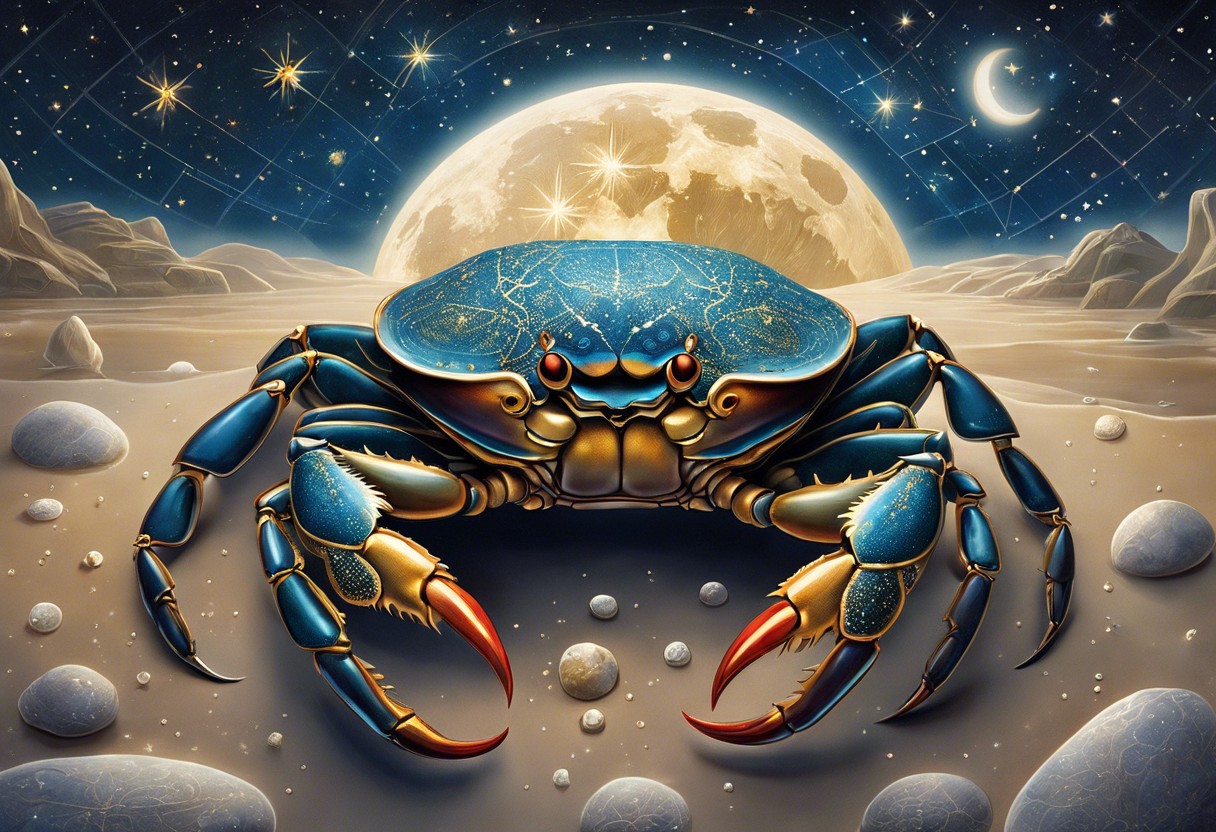 An image of a tender, protective Cancer crab silently guarding a heart-shaped constellation under a moonlit sky, surrounded by subtle astrological symbols