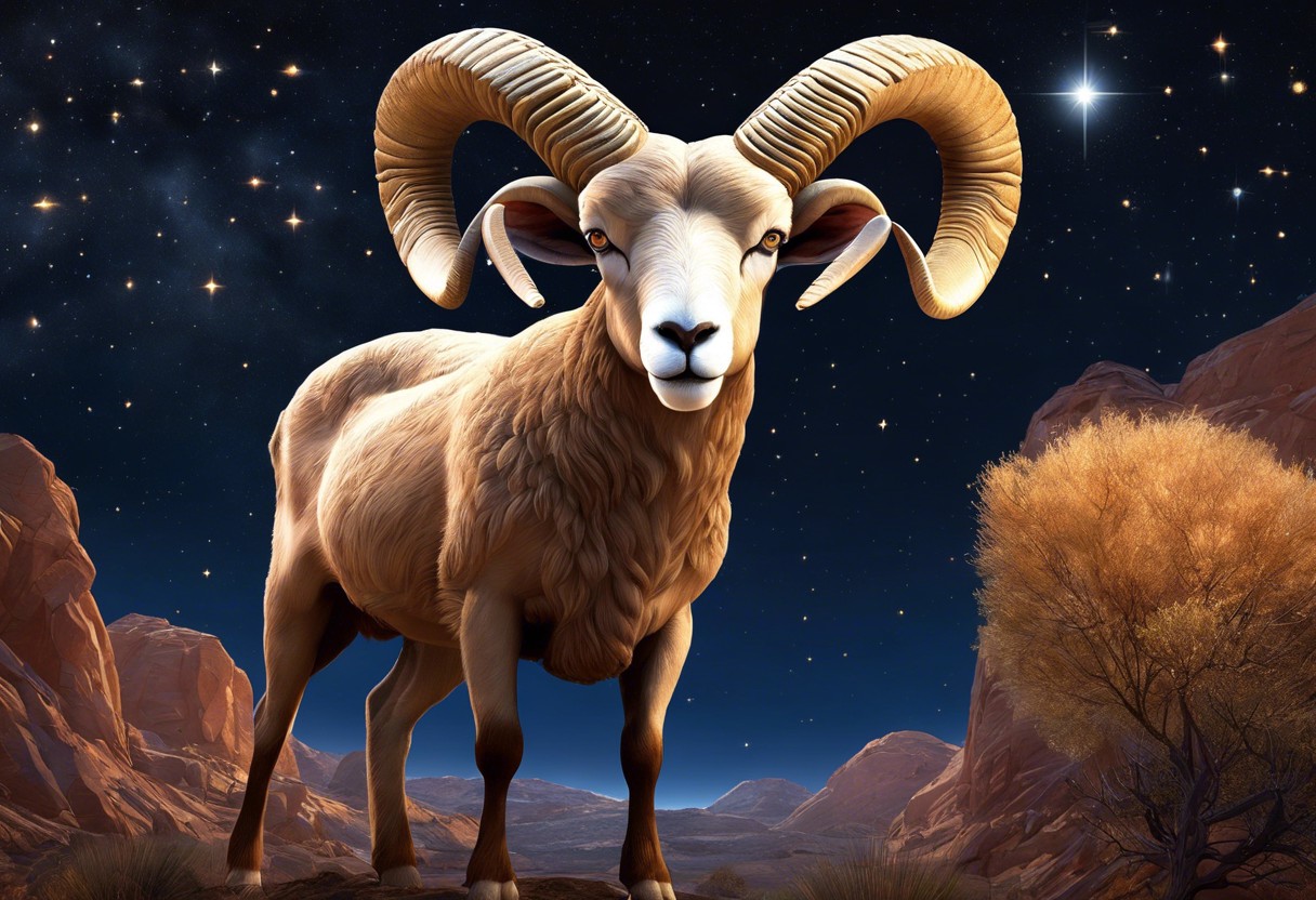 An image of a confident Aries symbol (ram), making a grand gesture towards a constellation-shaped heart, under a starry night sky, with Mars visible and radiating a soft, warm glow