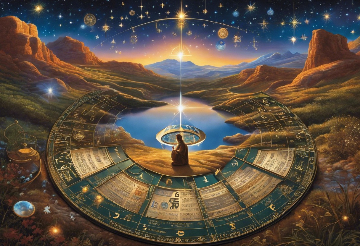 An image of a person meditatively holding a compass over a path of career-related symbols, with numerology figures etched into the landscape, under a guiding constellation shaped like numbers