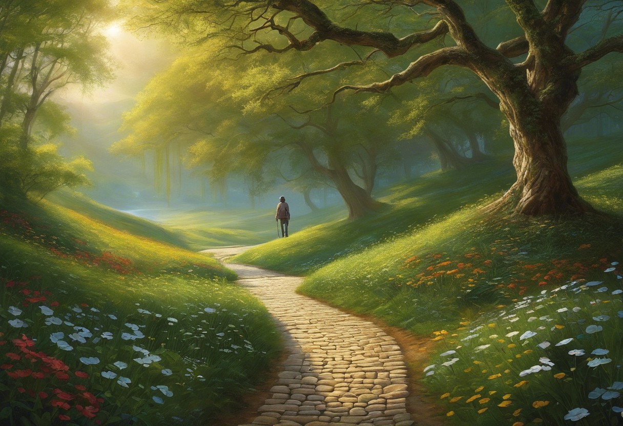 An image featuring a person walking a winding path through a serene landscape, with symbolic numbers hovering above the trail, reflecting the concept of life's journey guided by numerology