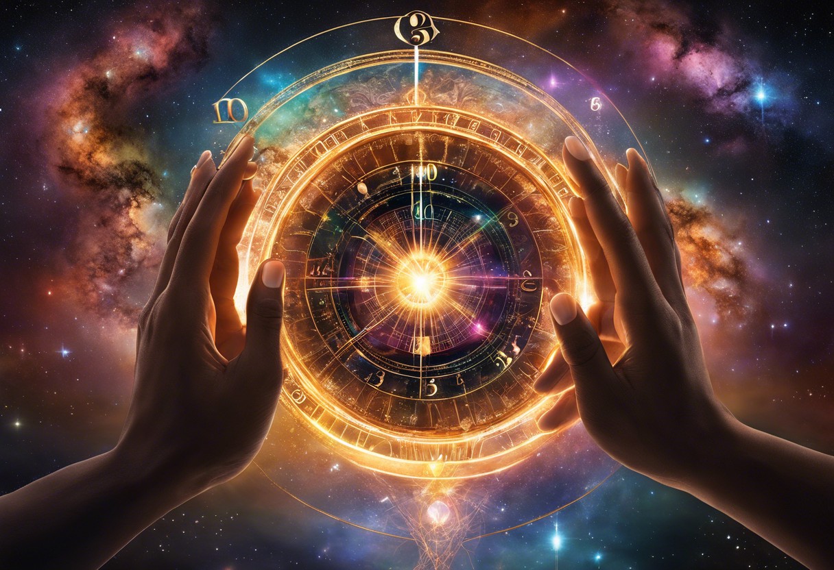 An image of two hands touching with cosmic energy and numbers floating around, symbolizing the connection and influence of numerology in strengthening interpersonal relationships