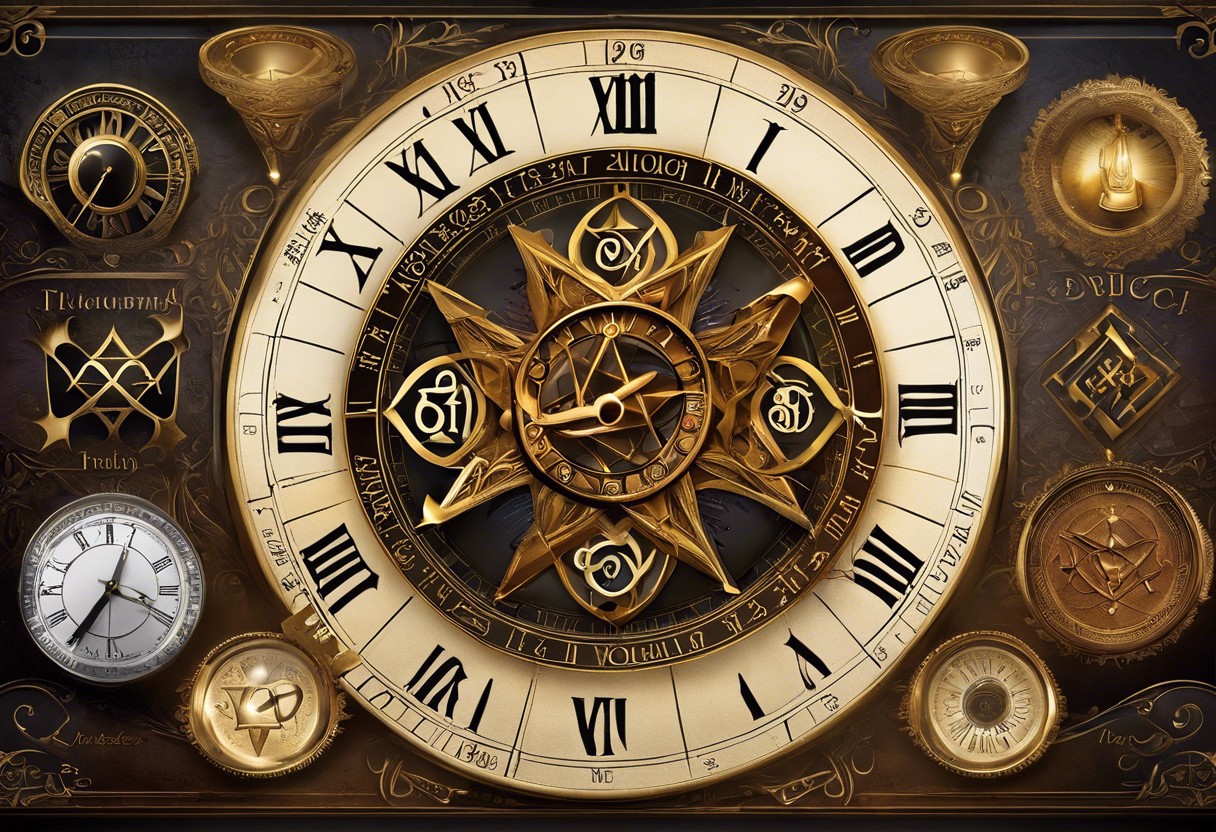 An image featuring a calendar infused with mystical symbols, a clock with numerology sequences instead of numbers, and a person aligning life-event tokens (like wedding rings, graduation caps) on numerology charts