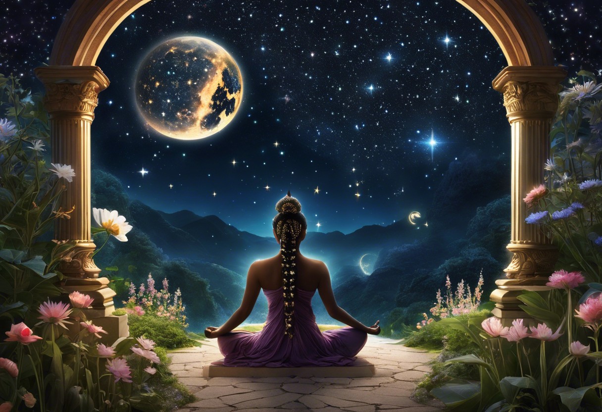 An image of a person meditating under a starry sky, with zodiac signs subtly illuminating the path in a garden representing personal growth
