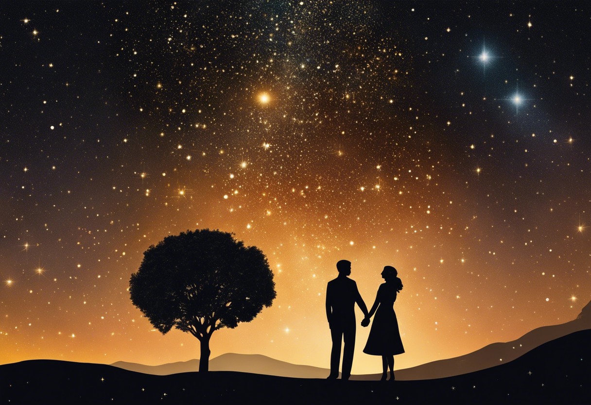 An image of two people, silhouetted against a starry sky, holding hands with zodiac constellations subtly connecting them, radiating warmth and harmony