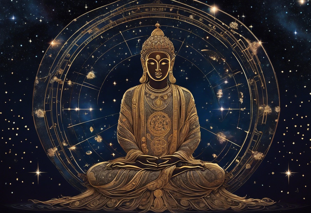 An image of a serene person meditating under a starry sky, with zodiac signs subtly integrated into the constellations, surrounded by a soft, glowing aura