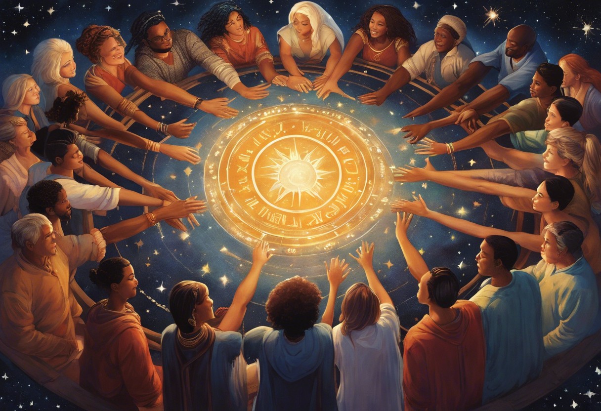 An image of diverse individuals in a circle holding hands under a starry sky, with zodiac signs glowing subtly above them, conveying a sense of unity and support