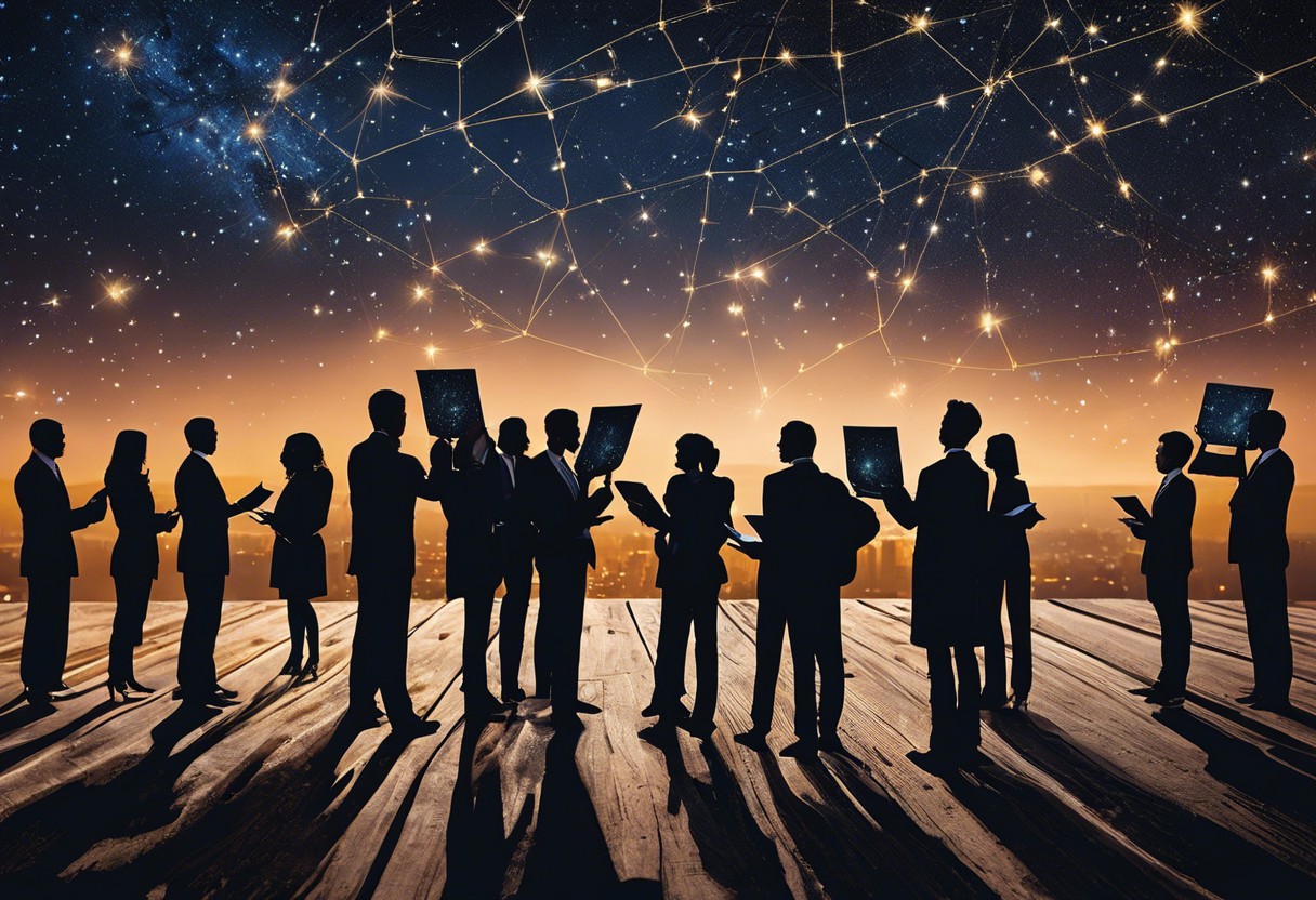 An image of diverse professionals holding star maps, with constellations shining above them, subtly guiding their paths at a career fair under a twilight sky