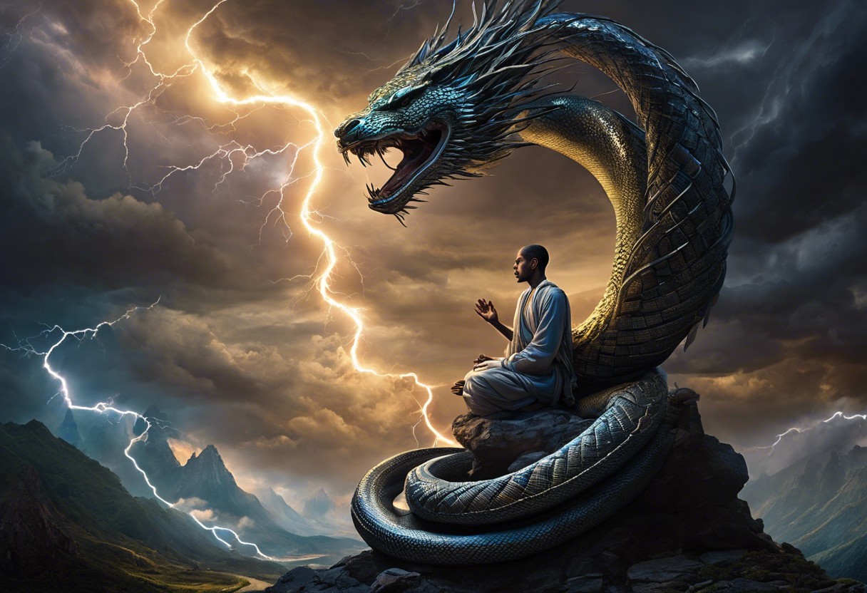 Ze a person meditating under a stormy sky, lightning striking, with a coiled serpent at the base of their spine glowing, symbolizing a Kundalini awakening triggered by the chaos above