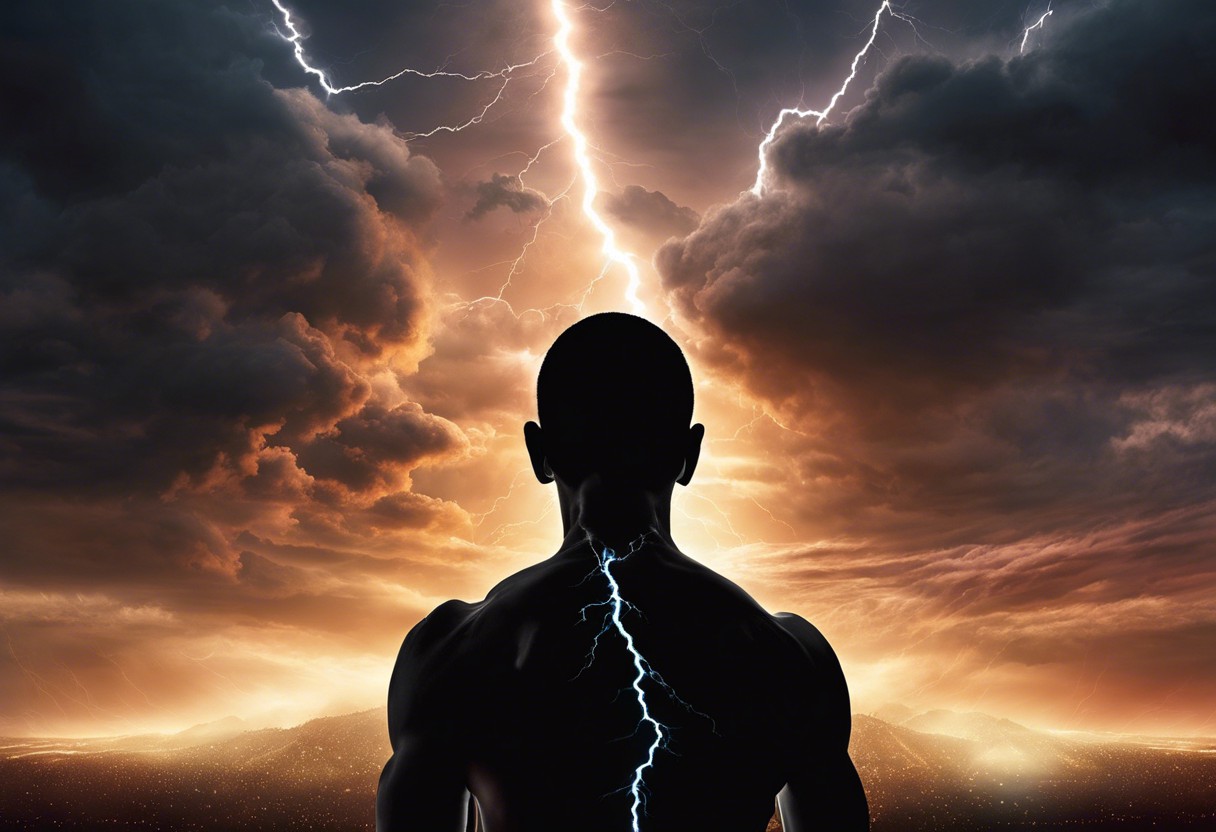 Ze a human silhouette meditating, with dark, stormy clouds above and lightning striking its spine, surrounded by faint outlines of viruses and stress symbols, all against a backdrop of a serene dawn