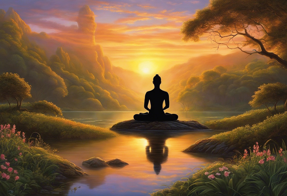 An image of a serene human silhouette meditating, with a warm, glowing heart emanating radiant light, surrounded by a harmonious natural landscape under a tranquil, dawn sky