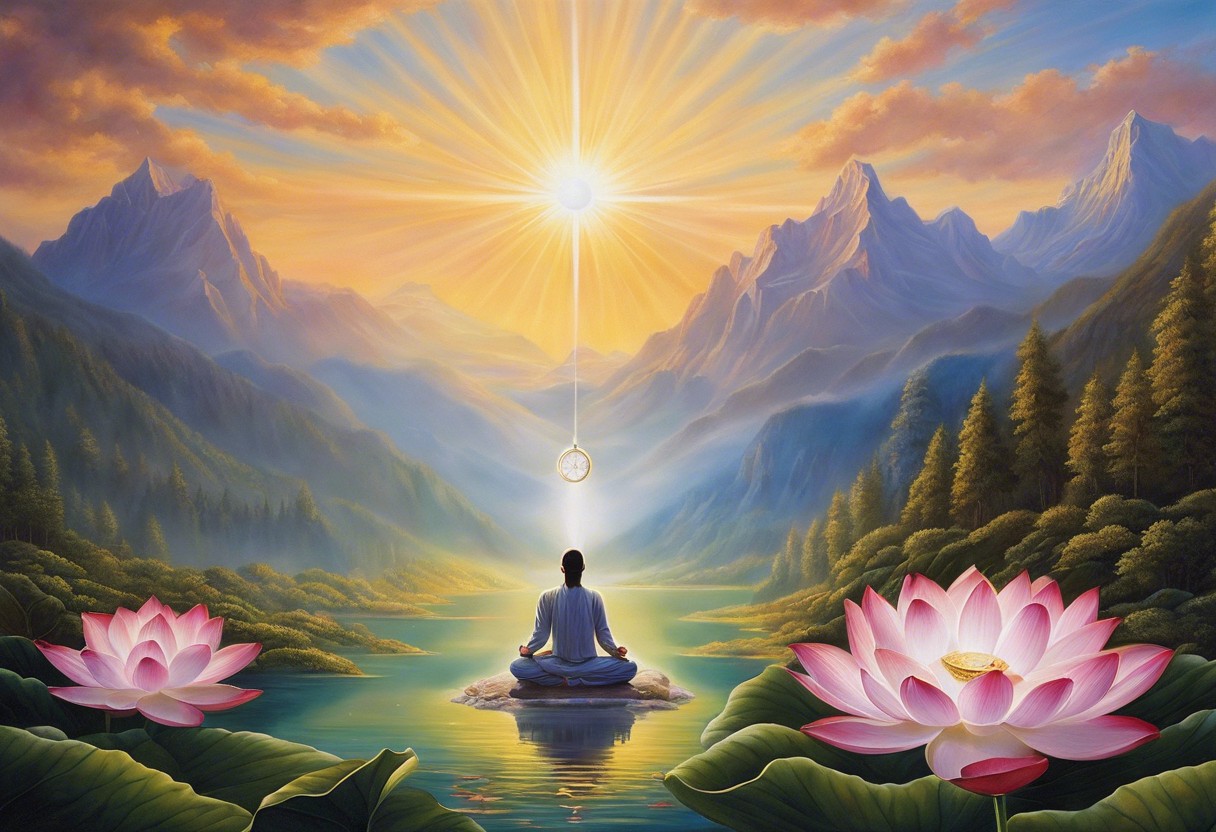 Ze a serene person meditating on a lotus, surrounded by a clear, glowing aura, with a compass superimposed on their heart, all against a backdrop of a sunlit, tranquil mountain landscape