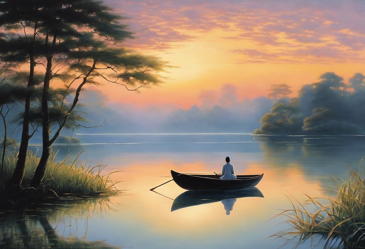 An image of a serene lake at dawn, with soft pastel colors reflecting in the water, a single lotus flower blooming, and a silhouette meditating on the shore