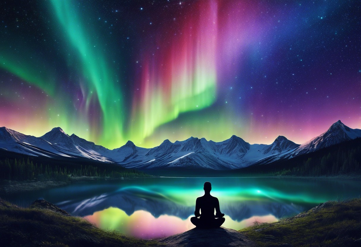 An image of a person meditating under a vast, starry sky, their silhouette glowing, merging with the luminous aurora borealis, symbolizing a profound connection with the universe