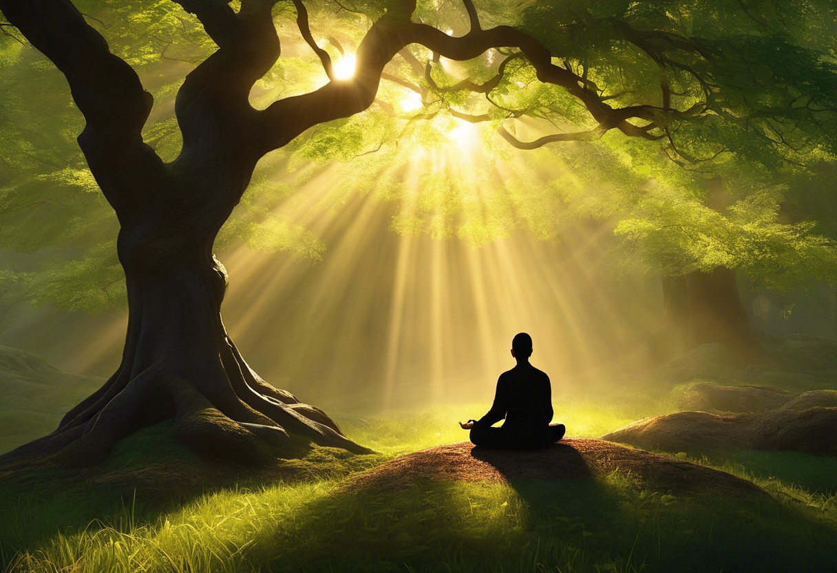 A serene landscape with a person meditating under a radiant tree, surrounded by a glowing aura, with ethereal light rays piercing through the foliage, symbolizing heightened awareness and spiritual enlightenment