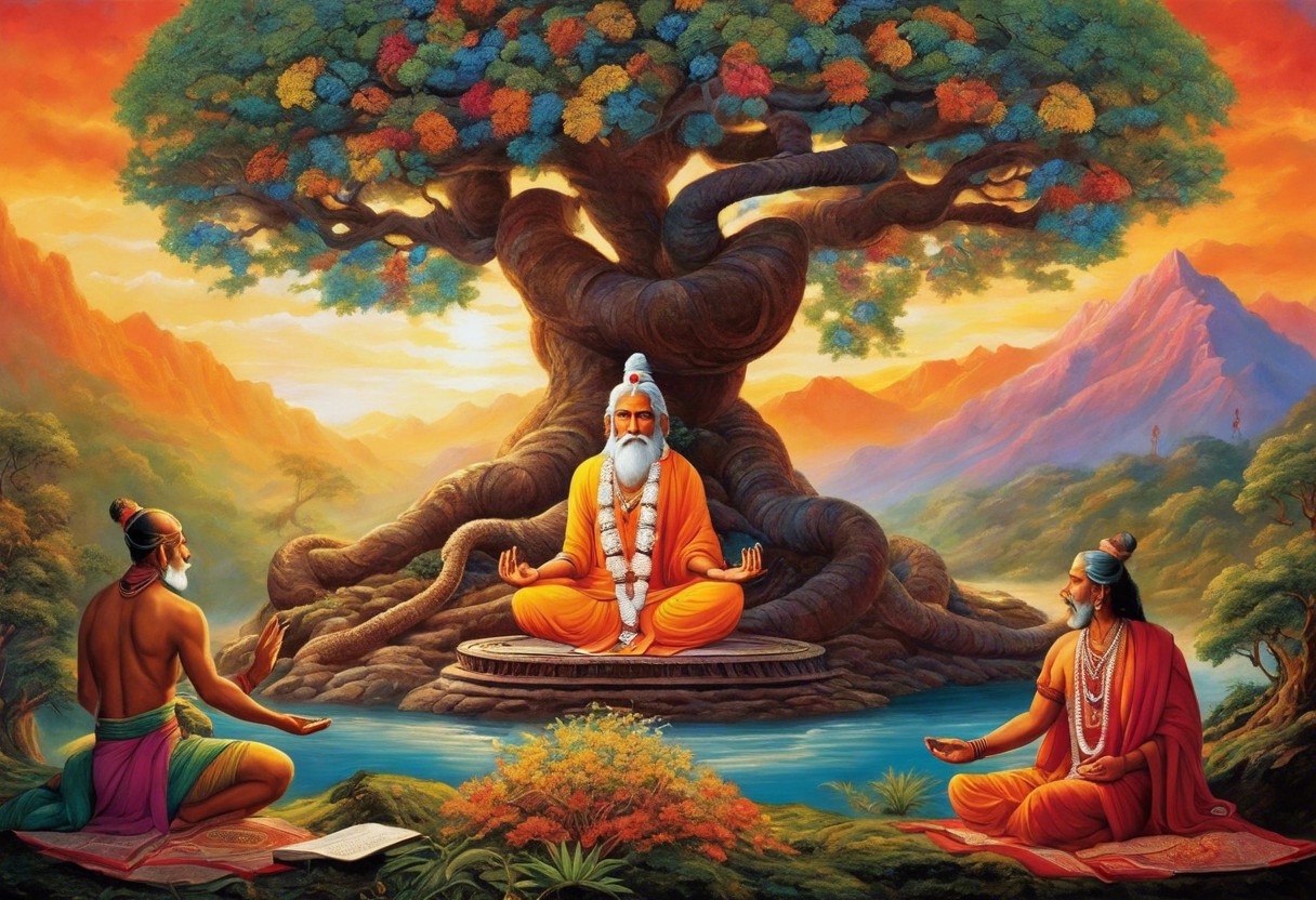 An image depicting ancient Indian sages meditating near a coiled serpent at the base of a vibrant, colorful tree, with subtle energy rising against a backdrop of old Sanskrit manuscripts and Himalayan mountains