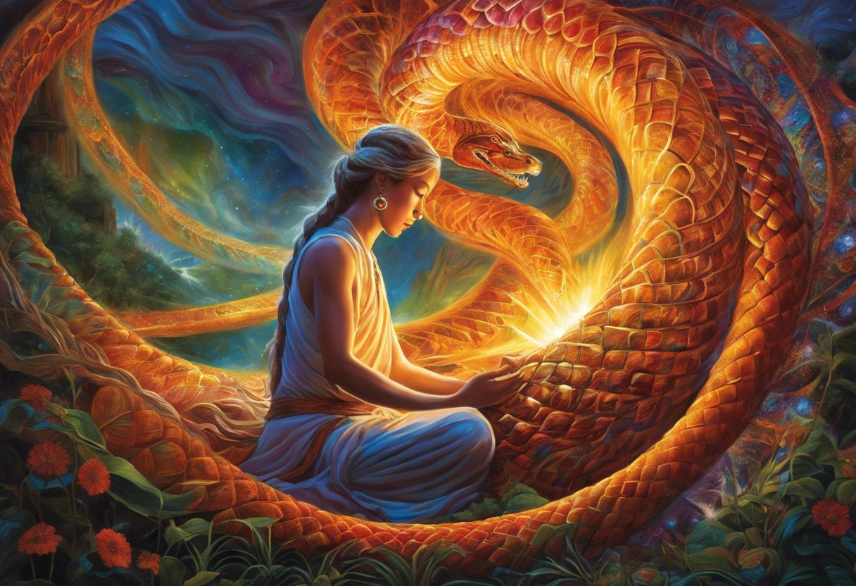 Ze a serene person meditating, with a vibrant, coiled serpent of light ascending the spine, culminating in a radiant burst of energy at the crown against a tranquil, ethereal backdrop