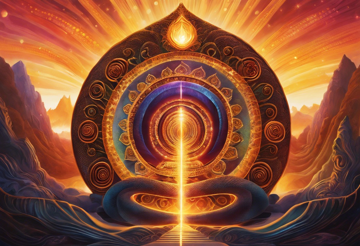 Ate a coiled serpent at the base of a spine, glowing chakras aligned vertically, with energy spiraling upwards towards a radiant crown with a backdrop of a tranquil, meditative silhouette in lotus position