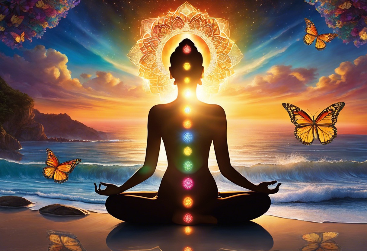 An ethereal image featuring a serene human silhouette in lotus position, surrounded by glowing chakras, with butterflies emerging from a cocoon and a sunrise over a tranquil sea in the background