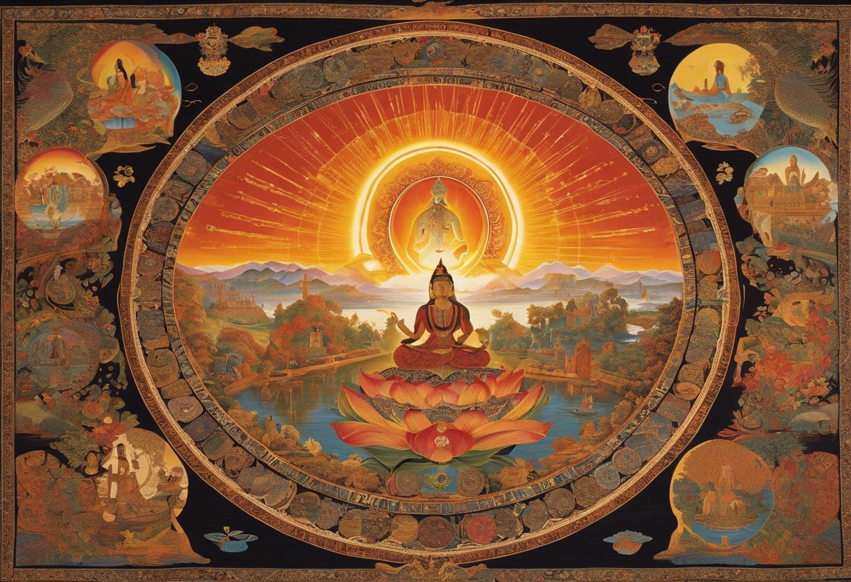 An image with ancient symbols, diverse spiritual figures meditating, a lotus flower, and a sunrise over a historical world map, illustrating a tapestry of cultural spiritual awakenings