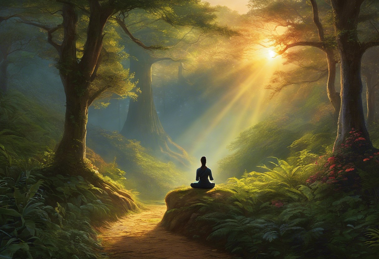 A tranquil scene with a person meditating under a vast sunrise, with ethereal light illuminating a path through an awakening forest, symbolizing clarity, enlightenment, and the journey of spiritual awakening